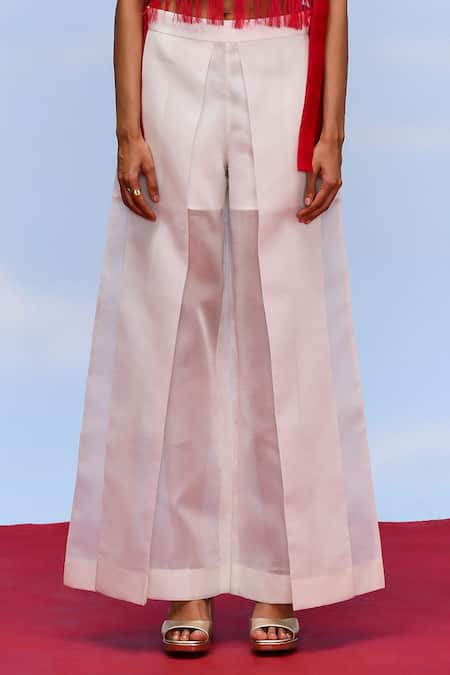 Shop_Febo6_Off White Organza, Satin Opacity Wide Legged Trouser _Online_at_Aza_Fashions