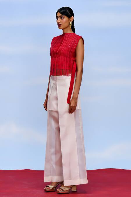 Febo6_Off White Organza, Satin Opacity Wide Legged Trouser _at_Aza_Fashions