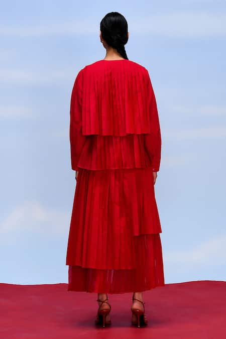 Shop_Febo6_Red Cotton, Silk Round Neck Cerise Accordion Pleated Top And Skirt Set _at_Aza_Fashions