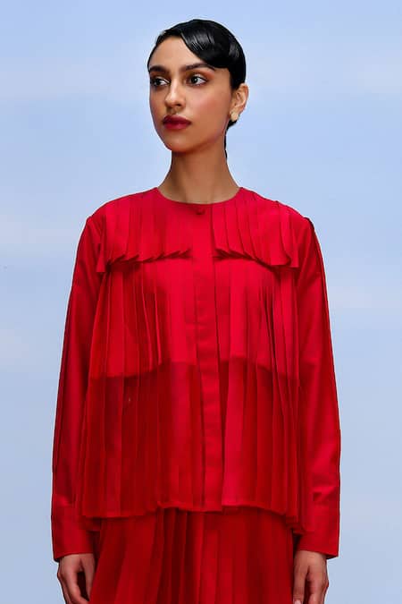 Shop_Febo6_Red Cotton, Silk Round Neck Cerise Accordion Pleated Top And Skirt Set _Online_at_Aza_Fashions
