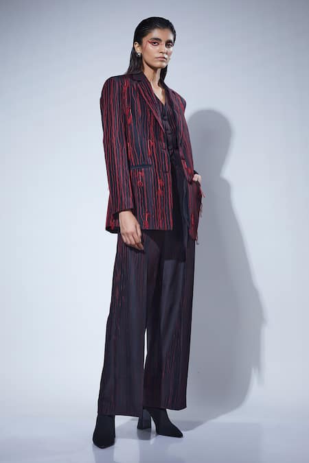 Febo6_Black Silk Embroidery Symmetry Statement Thread Blazer _Online_at_Aza_Fashions