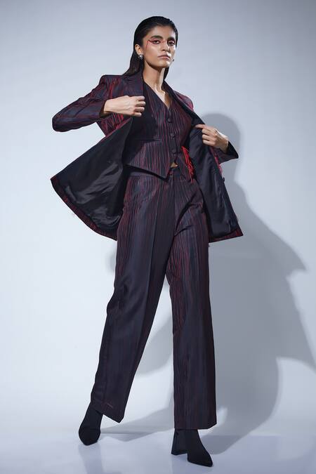 Buy_Febo6_Black Silk Embroidery Symmetry Statement Thread Blazer _Online_at_Aza_Fashions