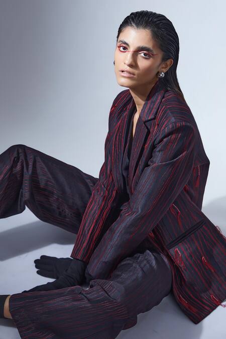 Shop_Febo6_Black Silk Embroidery Symmetry Statement Thread Blazer _Online_at_Aza_Fashions