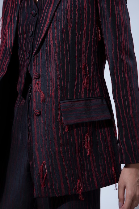 Febo6_Black Silk Embroidery Symmetry Statement Thread Blazer _at_Aza_Fashions