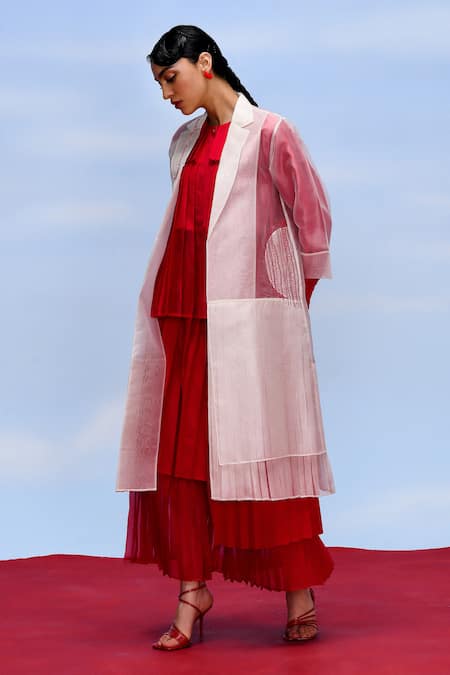 Febo6_Off White Organza Embroidery Collared Dorothy Sheer Trench Jacket _Online_at_Aza_Fashions