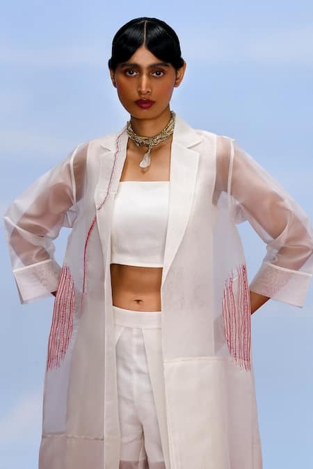 Febo6_Off White Organza Embroidery Collared Dorothy Sheer Trench Jacket _at_Aza_Fashions