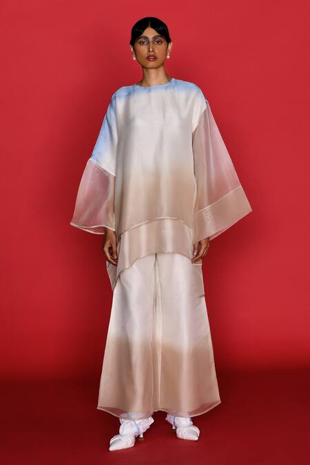 Buy_Febo6_Multi Color Silk, Organza Round Neck Sky And Ombre Top _Online_at_Aza_Fashions
