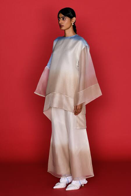 Shop_Febo6_Multi Color Silk, Organza Round Neck Sky And Ombre Top _Online_at_Aza_Fashions
