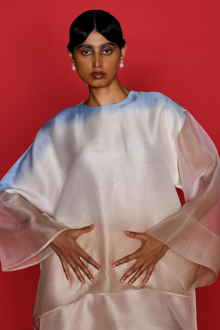 Febo6_Multi Color Silk, Organza Round Neck Sky And Ombre Top _at_Aza_Fashions