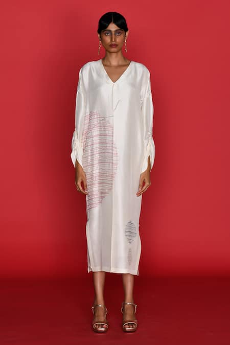 Febo6_Off White Viscose, Silk Embroidery V-neck Native French Knots Kaftan Dress _Online_at_Aza_Fashions