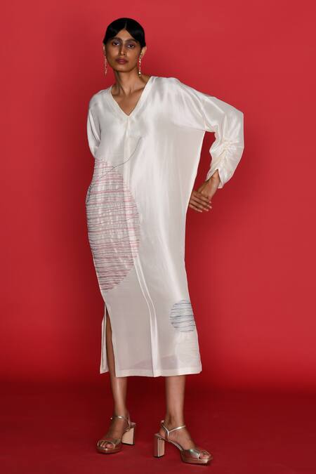 Buy_Febo6_Off White Viscose, Silk Embroidery V-neck Native French Knots Kaftan Dress _Online_at_Aza_Fashions