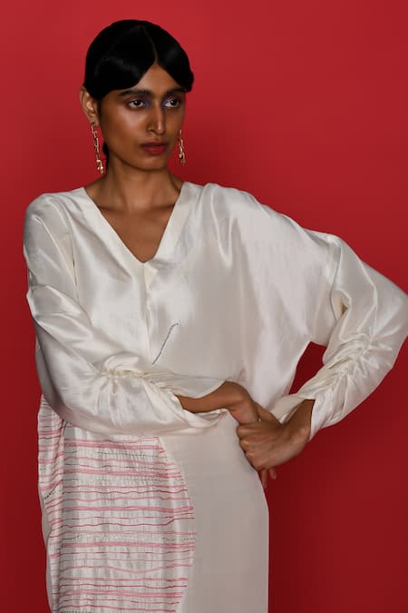 Shop_Febo6_Off White Viscose, Silk Embroidery V-neck Native French Knots Kaftan Dress _Online_at_Aza_Fashions