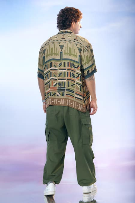 Nikita Mhaisalkar X AZA_Green Georgette Tribal Aztec Print Shirt _Online_at_Aza_Fashions