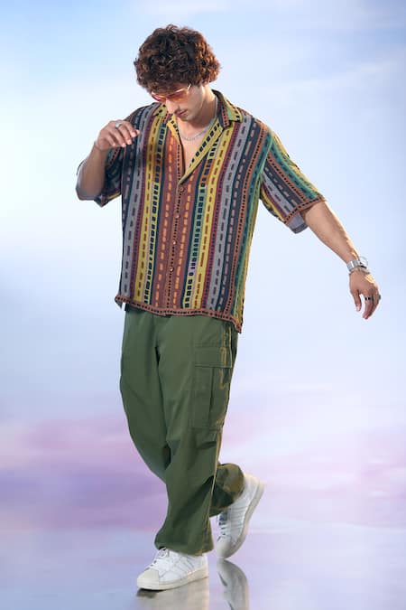 Buy Nikita Mhaisalkar X AZA Multi Color Georgette Block Striped Print Shirt Online at Aza Fashions Buy_Nikita Mhaisalkar X AZA_Multi Color Georgette Block Striped Print Shirt _Online_at_Aza_Fashions