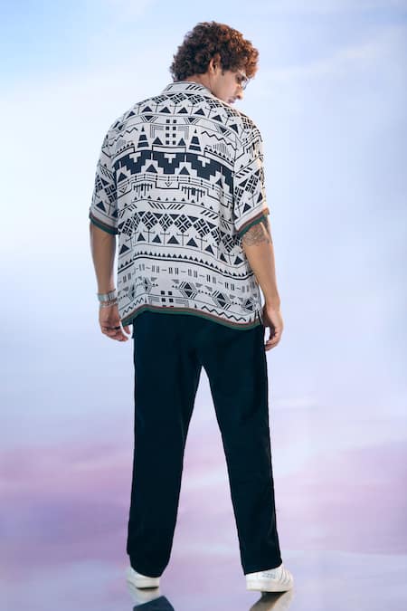 Nikita Mhaisalkar X AZA_Black Georgette Aztec Print Double Shirt _Online_at_Aza_Fashions