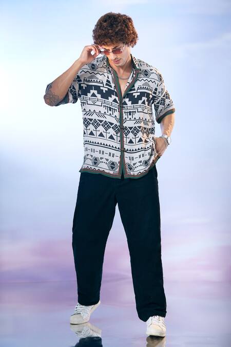 Buy_Nikita Mhaisalkar X AZA_Black Georgette Aztec Print Double Shirt _Online_at_Aza_Fashions