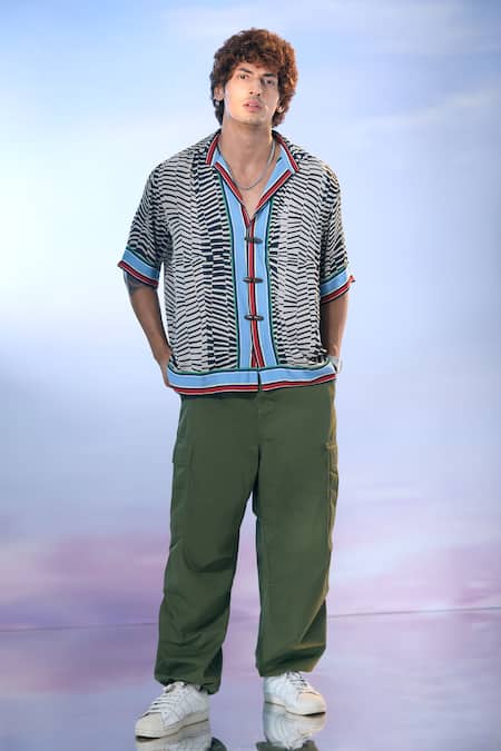 Nikita Mhaisalkar X AZA_Black Georgette Embroidery Byzantine Print Contrast Border Shirt _Online_at_Aza_Fashions