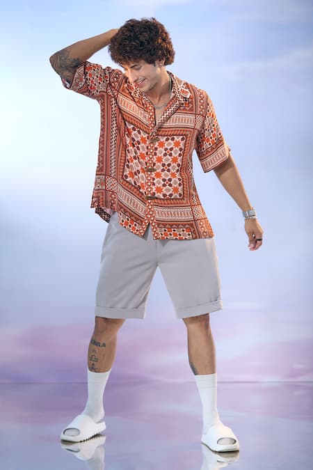 Buy_Nikita Mhaisalkar X AZA_Orange Georgette Mosaic Boho Bloom Print Shirt _Online_at_Aza_Fashions