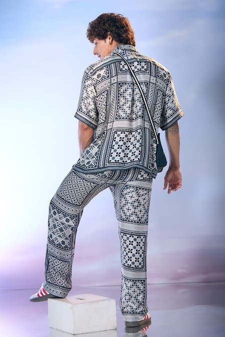 Nikita Mhaisalkar X AZA_Black Silk Satin Mosaic Flora Art Print Shirt With Pant _Online_at_Aza_Fashions