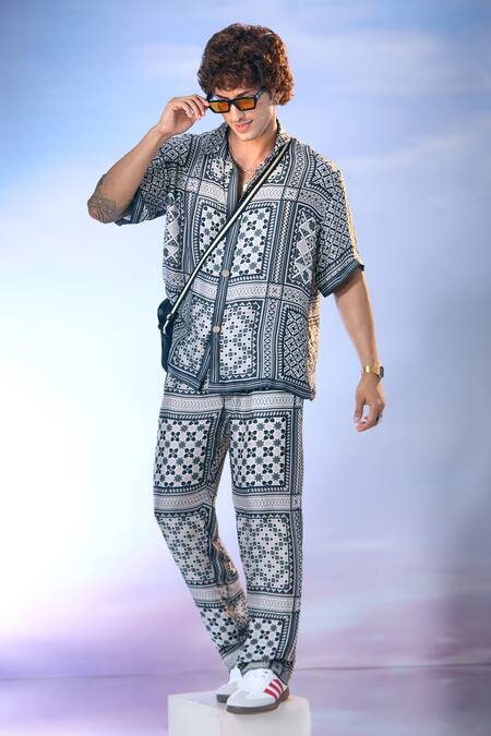 Buy_Nikita Mhaisalkar X AZA_Black Silk Satin Mosaic Flora Art Print Shirt With Pant _Online_at_Aza_Fashions