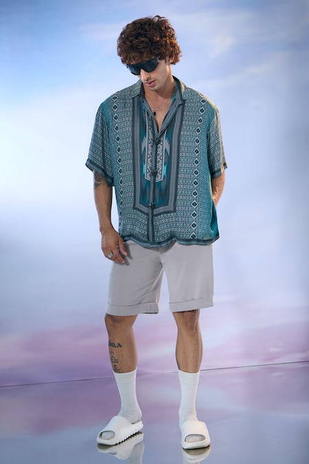 Buy_Nikita Mhaisalkar X AZA_Blue Silk Satin, Linen Embroidery Diamond Dream Print Shirt With Shorts _Online_at_Aza_Fashions