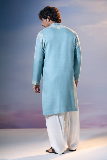 Nikita Mhaisalkar X AZA_Blue Twill Embroidery Kamdani Tikki Bloom Kurta With Salwar _Online_at_Aza_Fashions