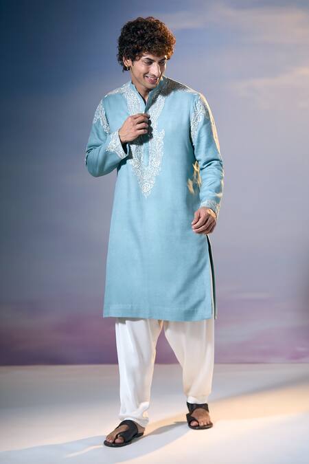 Buy_Nikita Mhaisalkar X AZA_Blue Twill Embroidery Kamdani Tikki Bloom Kurta With Salwar _Online_at_Aza_Fashions