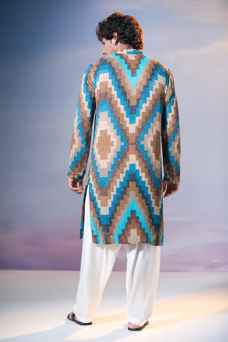 Nikita Mhaisalkar X AZA_Blue Georgette Sequins Mosaic Graphic Print Embellished Kurta With Salwar _Online_at_Aza_Fashions