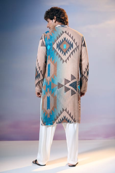 Nikita Mhaisalkar X AZA Blue Georgette Sequins Tapiz Tribe Print Embellished Kurta With Salwar Online at Aza Fashions Nikita Mhaisalkar X AZA_Blue Georgette Sequins Tapiz Tribe Print Embellished Kurta With Salwar _Online_at_Aza_Fashions