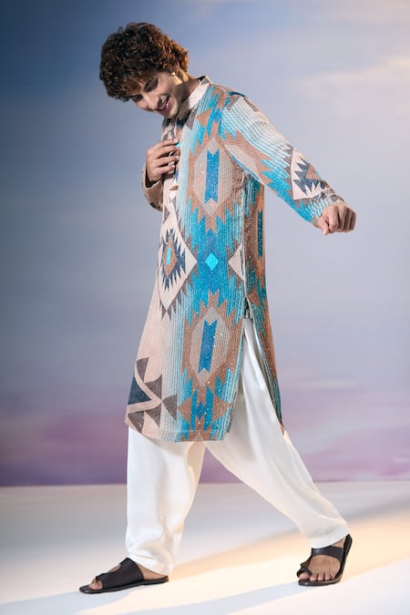 Buy Nikita Mhaisalkar X AZA Blue Georgette Sequins Tapiz Tribe Print Embellished Kurta With Salwar Online at Aza Fashions Buy_Nikita Mhaisalkar X AZA_Blue Georgette Sequins Tapiz Tribe Print Embellished Kurta With Salwar _Online_at_Aza_Fashions