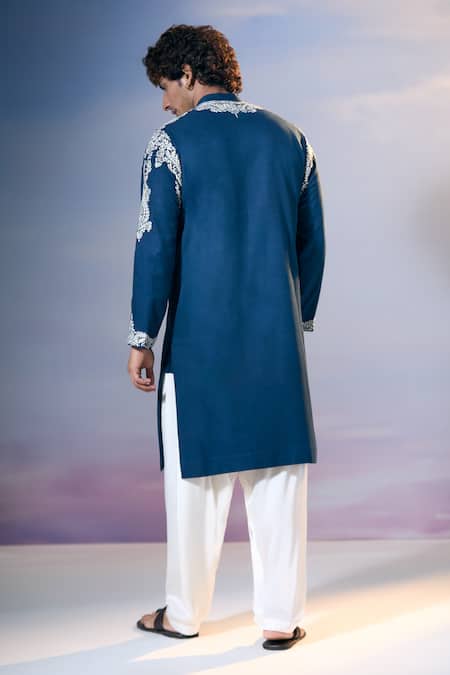 Nikita Mhaisalkar X AZA Blue Twill Embroidery Kamdani Paisley Vine Kurta With Salwar Online at Aza Fashions Nikita Mhaisalkar X AZA_Blue Twill Embroidery Kamdani Paisley Vine Kurta With Salwar _Online_at_Aza_Fashions