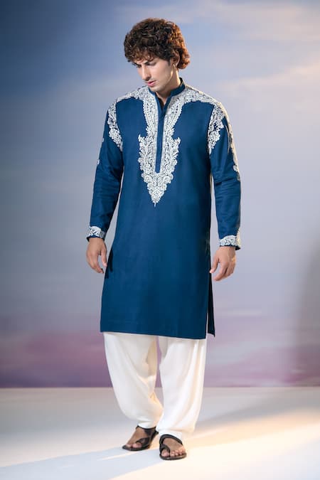 Buy Nikita Mhaisalkar X AZA Blue Twill Embroidery Kamdani Paisley Vine Kurta With Salwar Online at Aza Fashions Buy_Nikita Mhaisalkar X AZA_Blue Twill Embroidery Kamdani Paisley Vine Kurta With Salwar _Online_at_Aza_Fashions