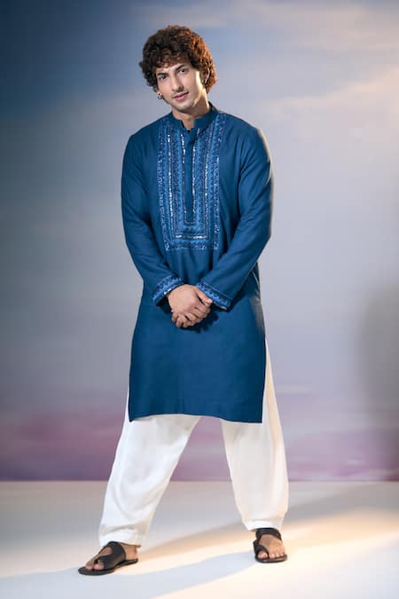 Nikita Mhaisalkar x AZA Blue Twill Embroidery Badla Geometric And Thread Yoke Kurta With Salwar 