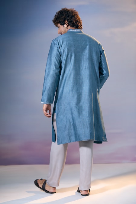 Nikita Mhaisalkar X AZA_Blue Chanderi, Satin Embroidery Quad Bloom Jaal Print Kurta With Pant _Online_at_Aza_Fashions