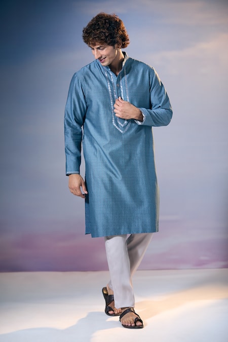 Buy_Nikita Mhaisalkar X AZA_Blue Chanderi, Satin Embroidery Quad Bloom Jaal Print Kurta With Pant _Online_at_Aza_Fashions