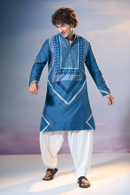 Buy_Nikita Mhaisalkar X AZA_Blue Chanderi, Satin Geometric Gul Print Kurta With Salwar _Online_at_Aza_Fashions