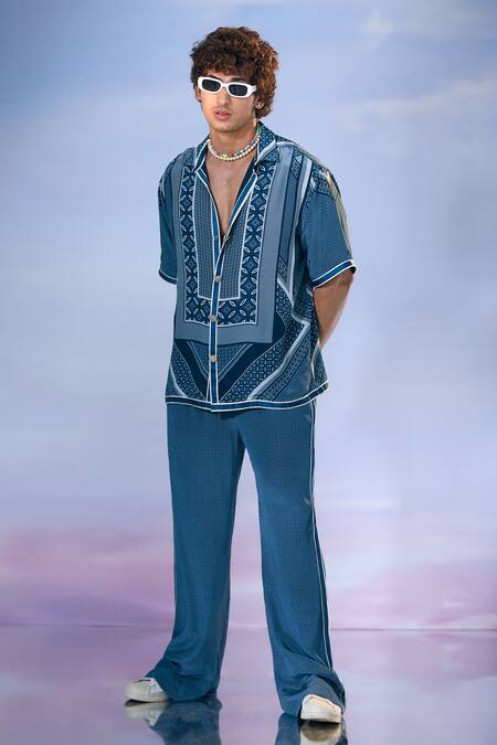 Buy Nikita Mhaisalkar X AZA Blue Crepe Geometric Fleur Print Shirt With Pant Online at Aza Fashions Buy_Nikita Mhaisalkar X AZA_Blue Crepe Geometric Fleur Print Shirt With Pant _Online_at_Aza_Fashions