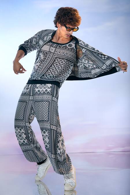 Buy_Nikita Mhaisalkar X AZA_Black Satin Fleur Art Print Bomber Jacket Pant Set _Online_at_Aza_Fashions