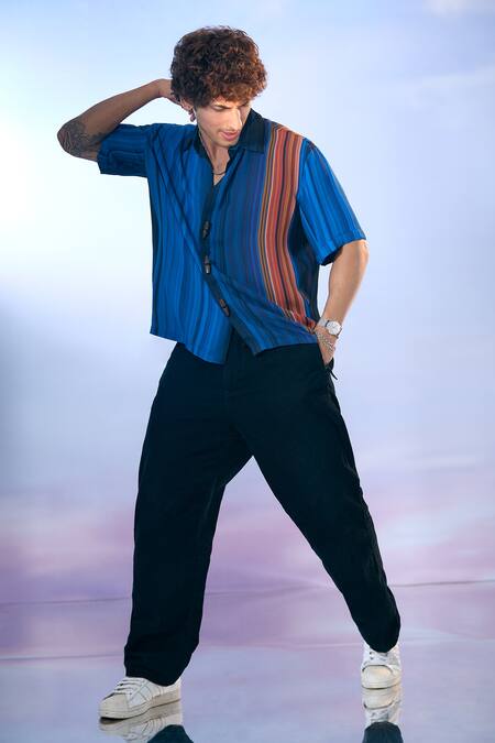 Buy_Nikita Mhaisalkar X AZA_Blue Georgette Astron Striped Print Shirt _Online_at_Aza_Fashions