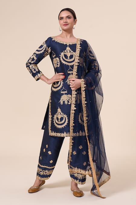 Samyukta Singhania Blue Kurta And Salwar Raw Silk Embellished Aari Boat Elephant Embroidered Set 