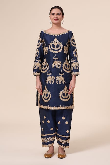Samyukta Singhania Blue Silk, Net Sequins, Embroidery Boat Neck Elephant Kurta Salwar Set Online at Aza Fashions Samyukta Singhania_Blue Silk, Net Sequins, Embroidery Boat Neck Elephant Kurta Salwar Set _Online_at_Aza_Fashions