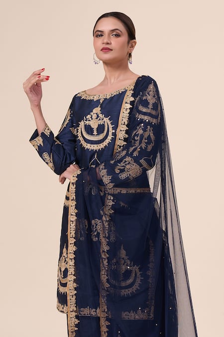 Shop Samyukta Singhania Blue Silk, Net Sequins, Embroidery Boat Neck Elephant Kurta Salwar Set Online at Aza Fashions Shop_Samyukta Singhania_Blue Silk, Net Sequins, Embroidery Boat Neck Elephant Kurta Salwar Set _Online_at_Aza_Fashions