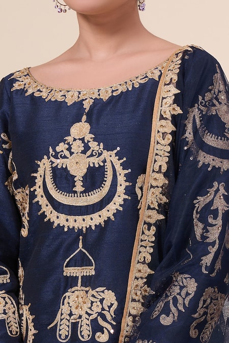 Samyukta Singhania Blue Silk, Net Sequins, Embroidery Boat Neck Elephant Kurta Salwar Set at Aza Fashions Samyukta Singhania_Blue Silk, Net Sequins, Embroidery Boat Neck Elephant Kurta Salwar Set _at_Aza_Fashions
