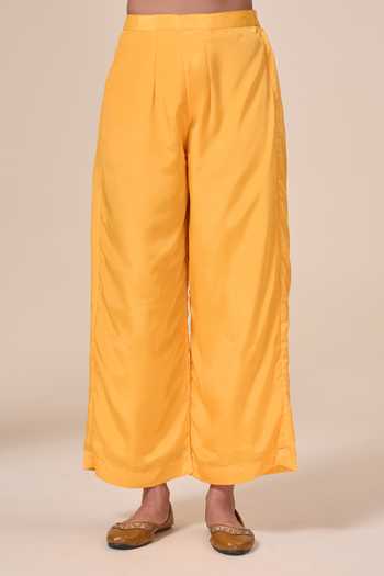 Buy_Khwaab By Sanjana Lakhani_Yellow Crepe Embroidery Plunge Neck Zari Border Kurta With Pant 