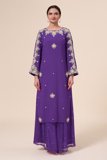 Samyukta Singhania Purple Georgette, Chiffon Pearls, Zardozi Floral Embroidered Kurta Sharara Set Online at Aza Fashions Samyukta Singhania_Purple Georgette, Chiffon Pearls, Zardozi Floral Embroidered Kurta Sharara Set _Online_at_Aza_Fashions