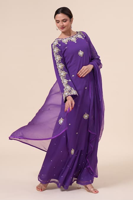 Shop Samyukta Singhania Purple Georgette, Chiffon Pearls, Zardozi Floral Embroidered Kurta Sharara Set Online at Aza Fashions Shop_Samyukta Singhania_Purple Georgette, Chiffon Pearls, Zardozi Floral Embroidered Kurta Sharara Set _Online_at_Aza_Fashions