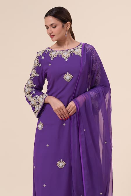 Samyukta Singhania Purple Georgette, Chiffon Pearls, Zardozi Floral Embroidered Kurta Sharara Set at Aza Fashions Samyukta Singhania_Purple Georgette, Chiffon Pearls, Zardozi Floral Embroidered Kurta Sharara Set _at_Aza_Fashions