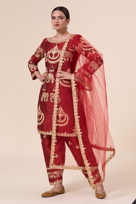 Buy_Samyukta Singhania_Maroon Silk, Net Sequins, Embroidery Boat Neck Elephant Aari Kurta Salwar Set _Online_at_Aza_Fashions