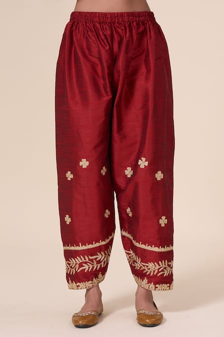 Samyukta Singhania_Maroon Silk, Net Sequins, Embroidery Boat Neck Elephant Aari Kurta Salwar Set _at_Aza_Fashions