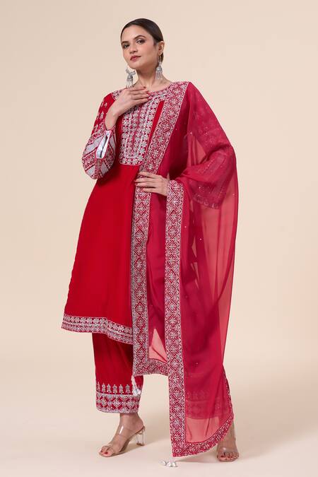 Buy_Samyukta Singhania_Fuchsia Velvet, Organza Embroidery, Sequins Split Zari Floral Kurta Pant Set _Online_at_Aza_Fashions